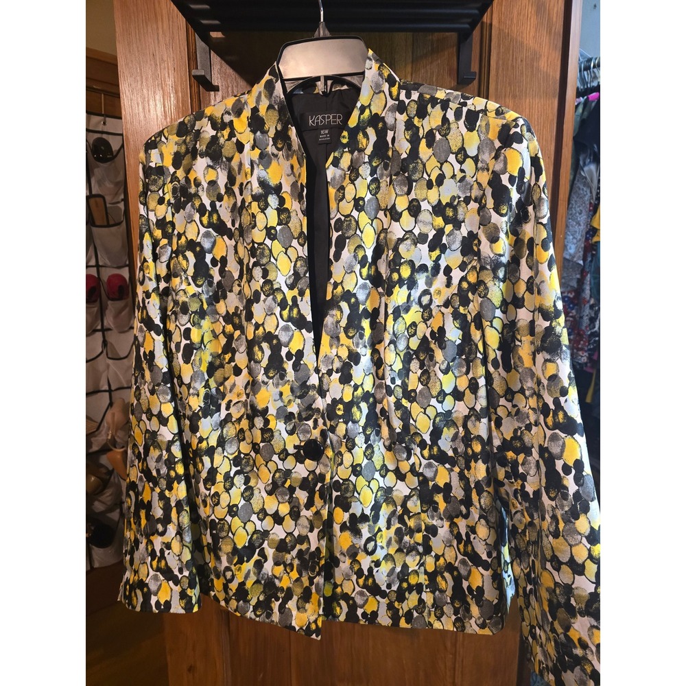 Kasper Blazer Womens 16W Black White Yellow Single Button Collarless Jacket